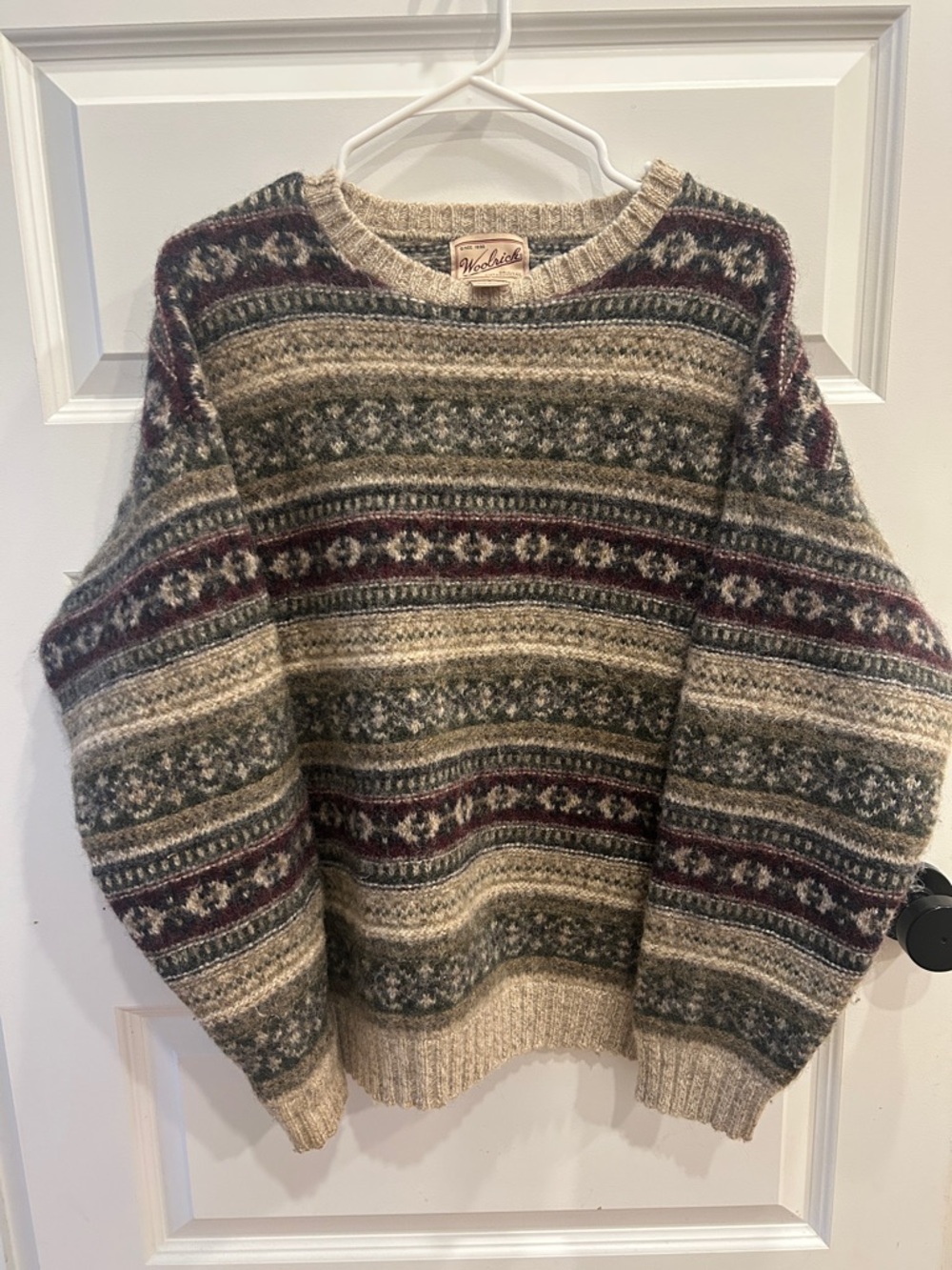 Woolrich Cream, Olive & Burgundy Fair Isle Wool Crewneck Sweater